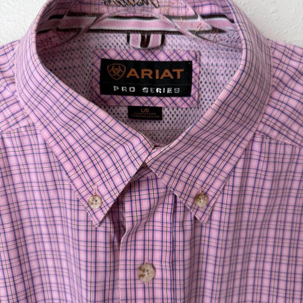 Ariat Pro Series Shirt Men L Pink Plaid Button Down Short Sleeve Chest Pocket - Picture 10 of 13